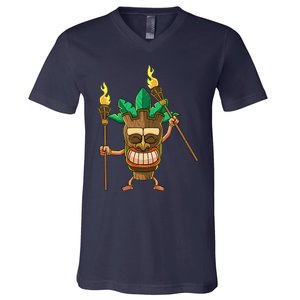 Tiki Man Hawaiian Summer Tropical Luau Party V-Neck T-Shirt