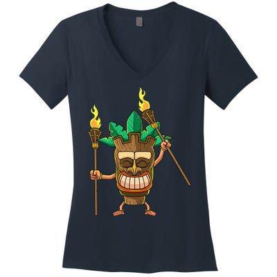 Tiki Man Hawaiian Summer Tropical Luau Party Women's V-Neck T-Shirt