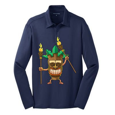 Tiki Man Hawaiian Summer Tropical Luau Party Silk Touch Performance Long Sleeve Polo