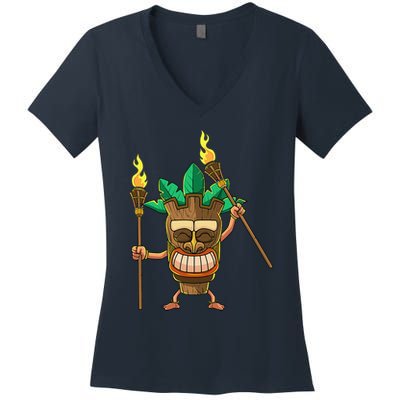 Tiki Man Hawaiian Summer Tropical Luau Party Women's V-Neck T-Shirt