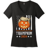 Trumpkin Make Halloween Great Again Flag Pumpkin Trump 2024 Women's V-Neck T-Shirt