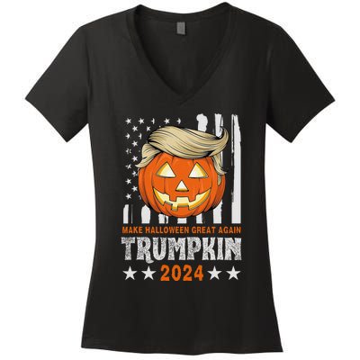 Trumpkin Make Halloween Great Again Flag Pumpkin Trump 2024 Women's V-Neck T-Shirt