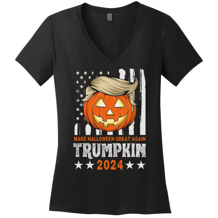 Trumpkin Make Halloween Great Again Flag Pumpkin Trump 2024 Women's V-Neck T-Shirt