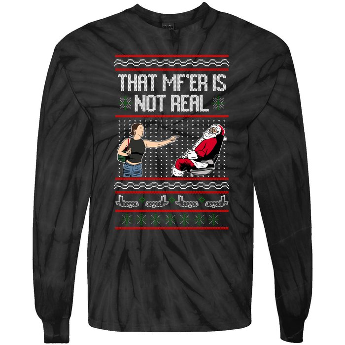 That Mf Is Not Real Santa On Chair Ugly Christmas Sweater Tie-Dye Long Sleeve Shirt