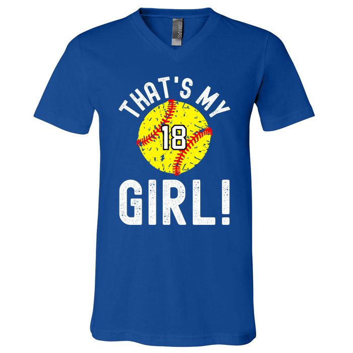 ThatS My Jersey Number #18 Vintage Softball Mom Dad Cute Gift V-Neck T-Shirt