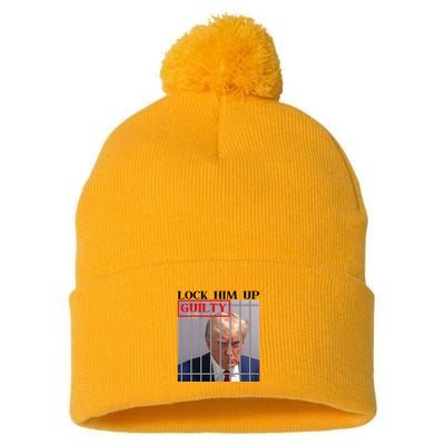 Trump Mugshot Lock Him Up Guilty Jail Prison Anti Trump Pom Pom 12in Knit Beanie