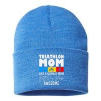 Triathlon Mom Love To Run Bike And Swim Triathlon Gift Sustainable Knit Beanie