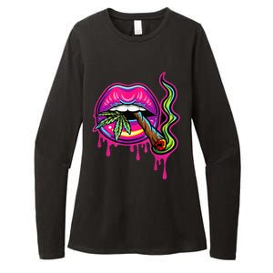 Teeth Marijuana Leaf 420 Lips Sexy Smoker Blunt Weed Womens CVC Long Sleeve Shirt