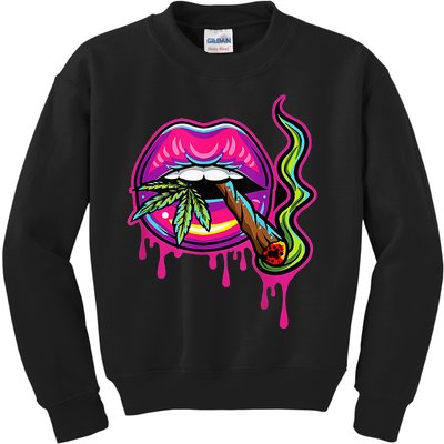 Teeth Marijuana Leaf 420 Lips Sexy Smoker Blunt Weed Kids Sweatshirt