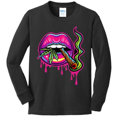 Teeth Marijuana Leaf 420 Lips Sexy Smoker Blunt Weed Kids Long Sleeve Shirt