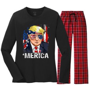 Trump Merica Murica 4th Of July American Flag Women's Long Sleeve Flannel Pajama Set 