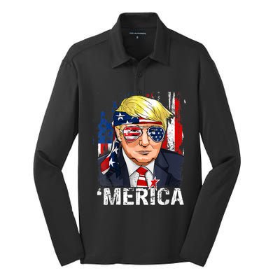 Trump Merica Murica 4th Of July American Flag Silk Touch Performance Long Sleeve Polo