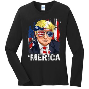 Trump Merica Murica 4th Of July American Flag Ladies Long Sleeve Shirt