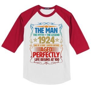 The Man Myth Legend 1924 Aged Perfectly 100th Birthday Kids Colorblock Raglan Jersey