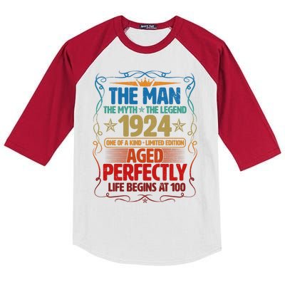 The Man Myth Legend 1924 Aged Perfectly 100th Birthday Kids Colorblock Raglan Jersey