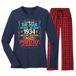 The Man Myth Legend 1934 Aged Perfectly 90th Birthday Women's Long Sleeve Flannel Pajama Set 