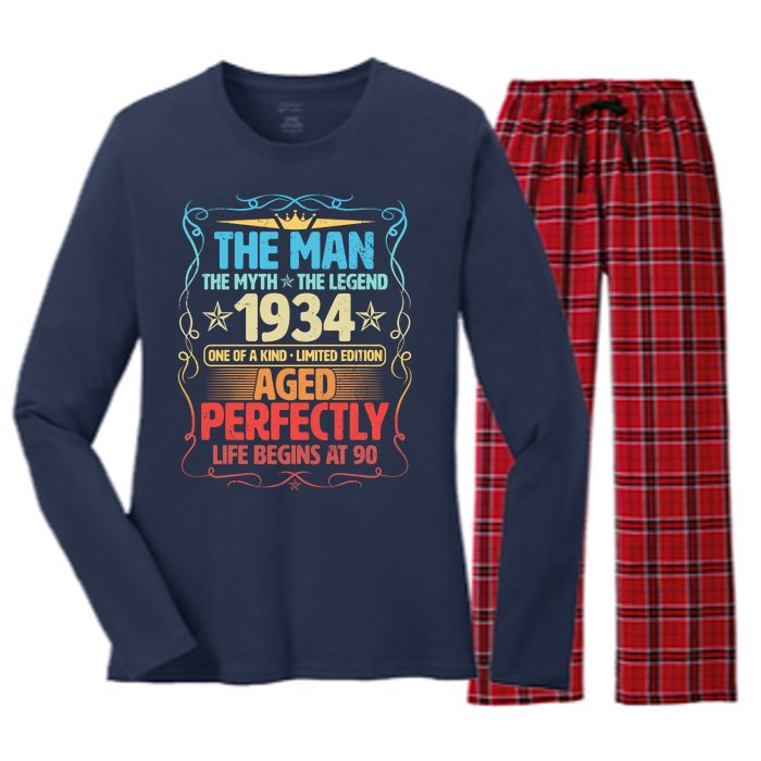 The Man Myth Legend 1934 Aged Perfectly 90th Birthday Women's Long Sleeve Flannel Pajama Set 