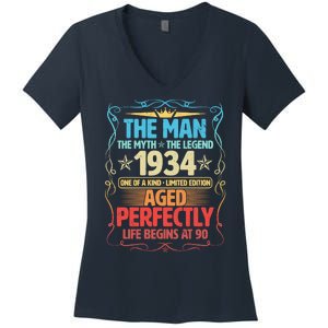 The Man Myth Legend 1934 Aged Perfectly 90th Birthday Women's V-Neck T-Shirt