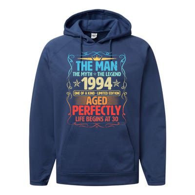 The Man Myth Legend 1994 Aged Perfectly 30th Birthday Performance Fleece Hoodie