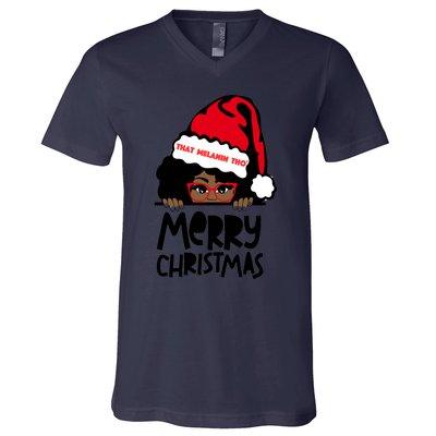 That Melanin Merry Christmas Mrs Claus Black Peeking Santa Cute Gift V-Neck T-Shirt