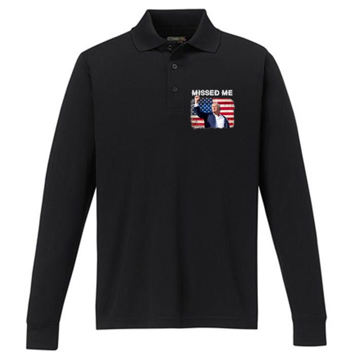 Trump Missed Me Pennsylvania Rally Patriot Usa 2024 Shot Performance Long Sleeve Polo