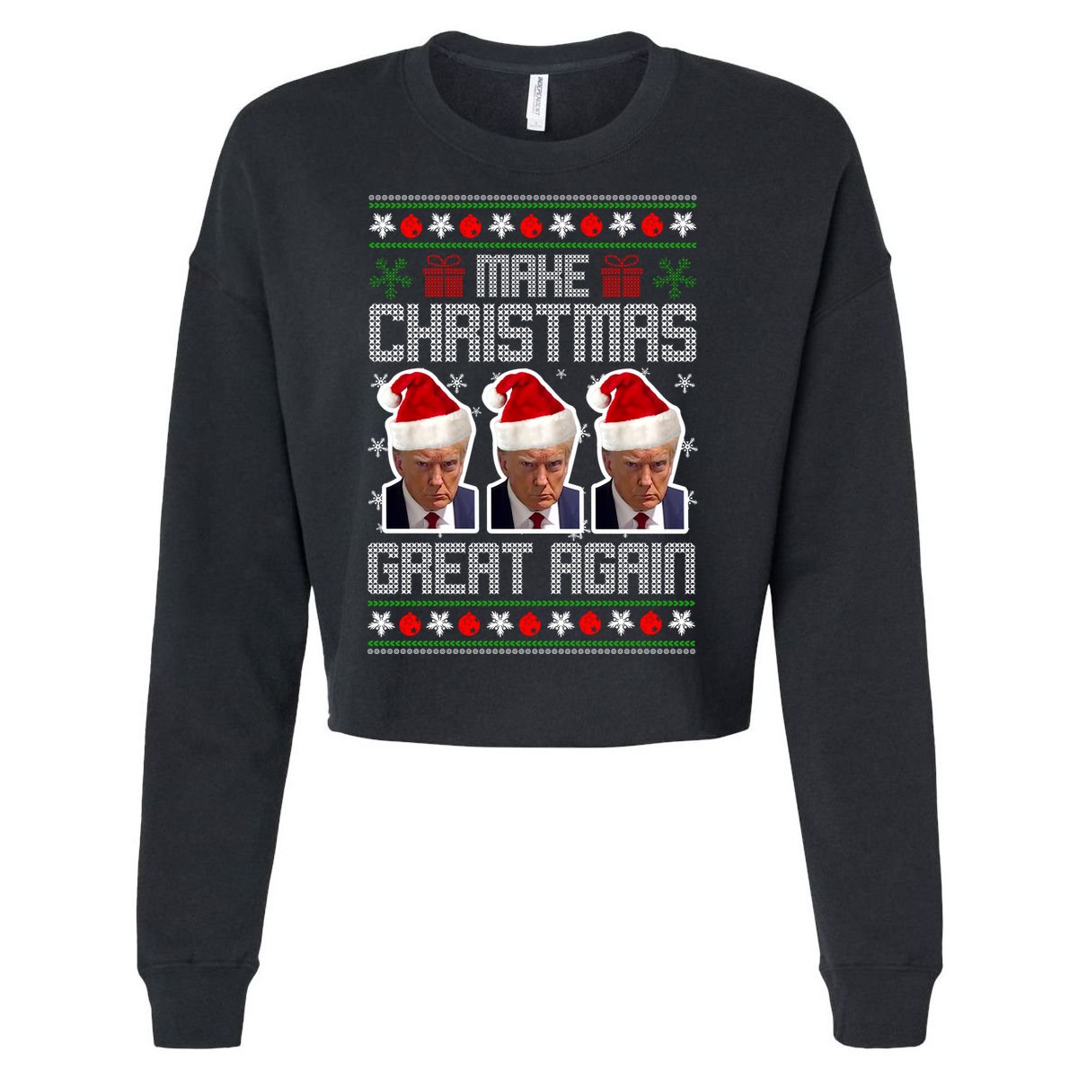 Trump Mugshot Make Christmas Great Again Funny Ugly Cropped Pullover Crew