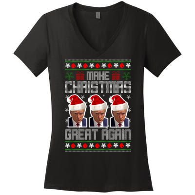 Trump Mugshot Make Christmas Great Again Funny Ugly Women's V-Neck T-Shirt