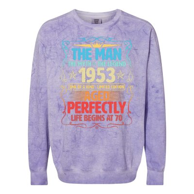 The Man Myth Legend 1953 Aged Perfectly 70th Birthday Colorblast Crewneck Sweatshirt