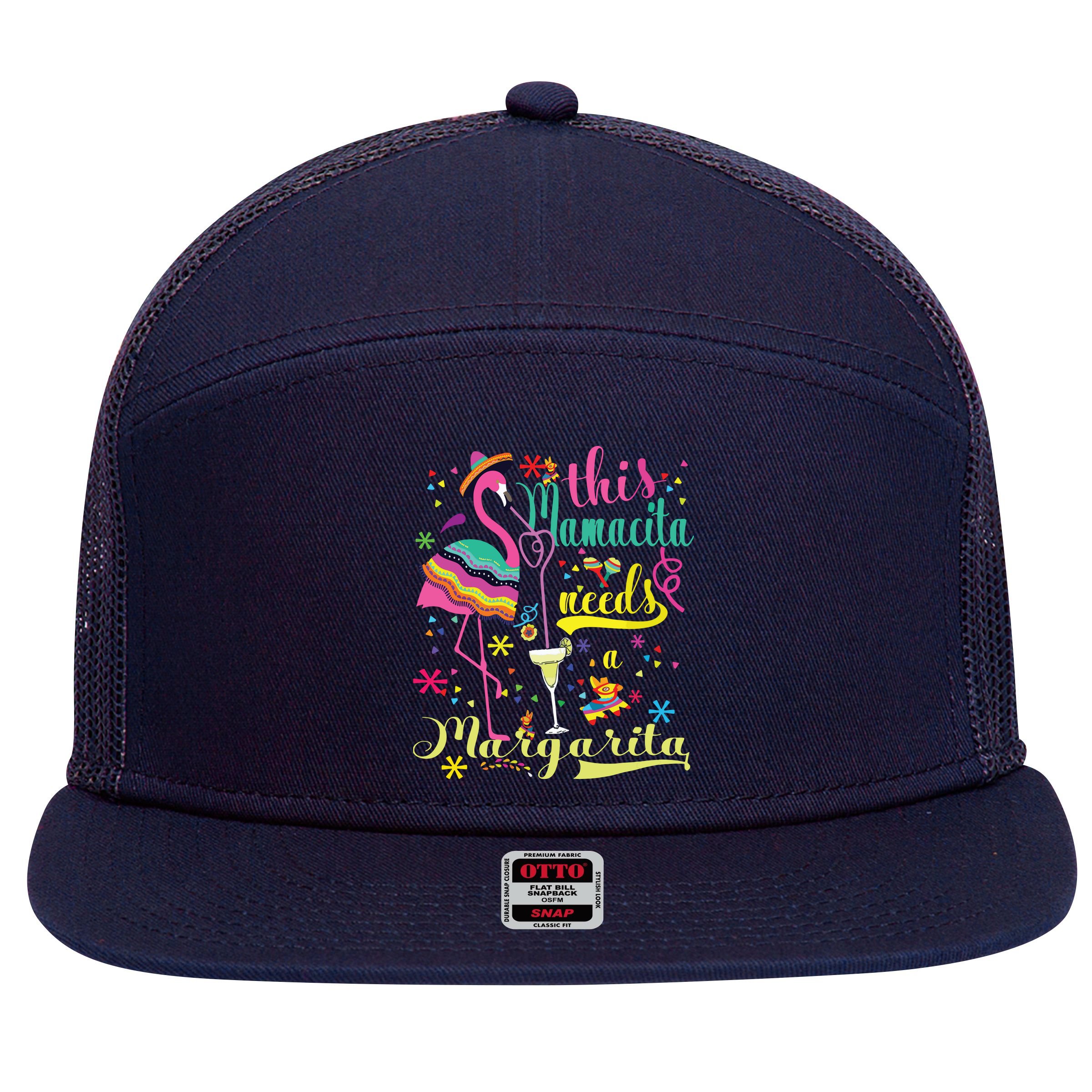 This Mamacita Needs A Margarita Cinco De Mayo Pink Flamingo 7 Panel Mesh Trucker Snapback Hat