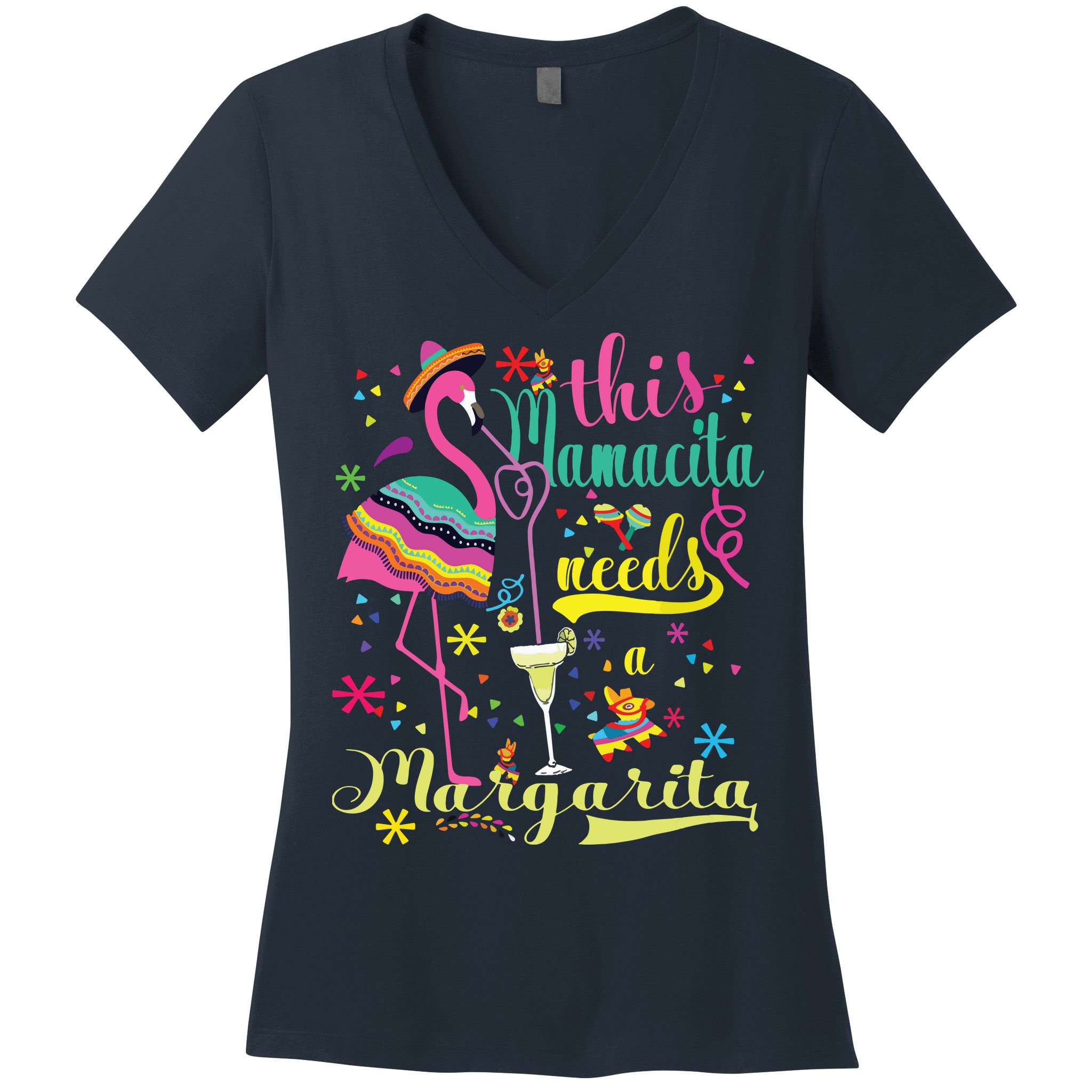This Mamacita Needs A Margarita Cinco De Mayo Pink Flamingo Women's V-Neck T-Shirt