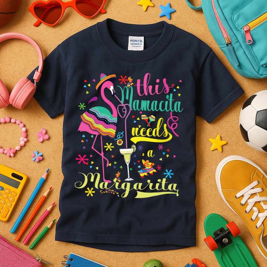 This Mamacita Needs A Margarita Cinco De Mayo Pink Flamingo Kids T-Shirt