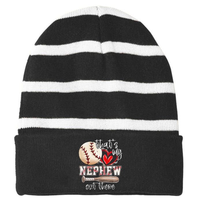 That's My Nephew Out There Baseball Aunt Auntie Mothers Day Striped Beanie with Solid Band