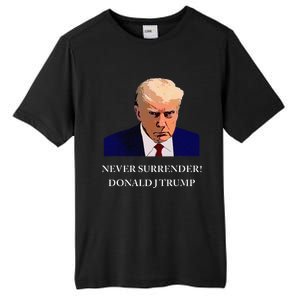 Trump Mugshot Never Surrender Funny Trump 2024 Tall Fusion ChromaSoft Performance T-Shirt