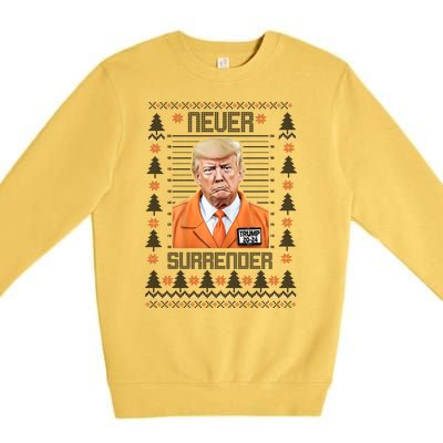 Trump Mugshot Never Surrender Ugly Christmas Premium Crewneck Sweatshirt