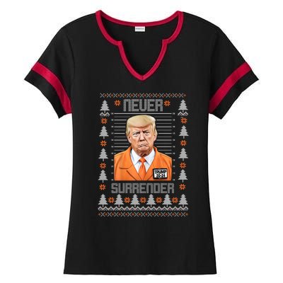 Trump Mugshot Never Surrender Ugly Christmas Ladies Halftime Notch Neck Tee