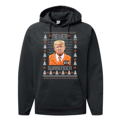 Trump Mugshot Never Surrender Ugly Christmas Performance Fleece Hoodie