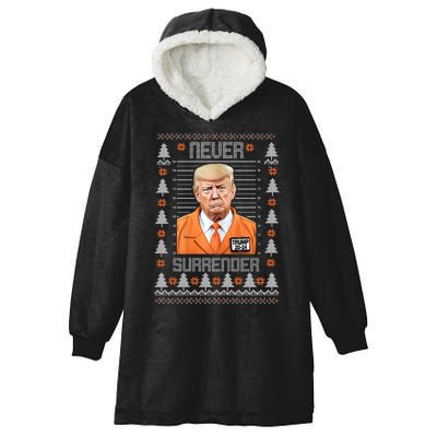 Trump Mugshot Never Surrender Ugly Christmas Hooded Wearable Blanket