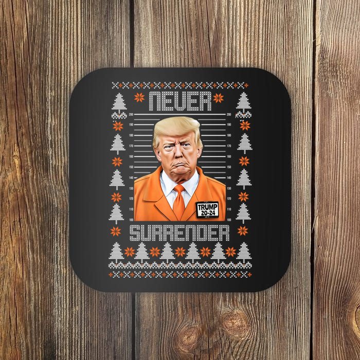 Trump Mugshot Never Surrender Ugly Christmas Coaster