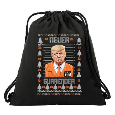 Trump Mugshot Never Surrender Ugly Christmas Drawstring Bag