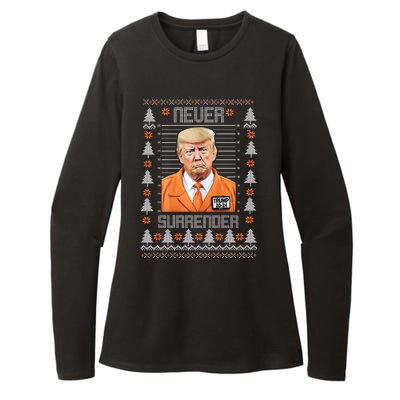 Trump Mugshot Never Surrender Ugly Christmas Womens CVC Long Sleeve Shirt