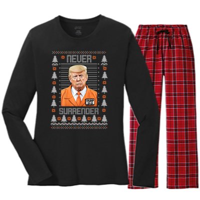 Trump Mugshot Never Surrender Ugly Christmas Women's Long Sleeve Flannel Pajama Set 