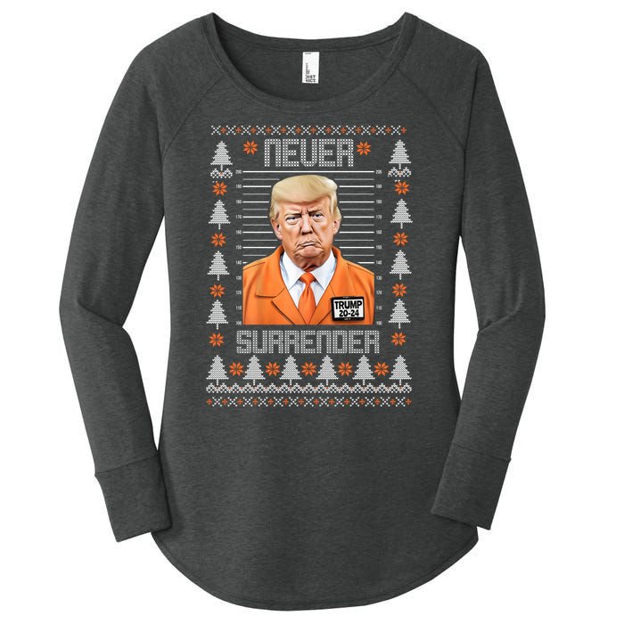 Trump Mugshot Never Surrender Ugly Christmas Women's Perfect Tri Tunic Long Sleeve Shirt