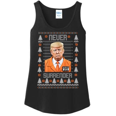 Trump Mugshot Never Surrender Ugly Christmas Ladies Essential Tank