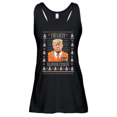 Trump Mugshot Never Surrender Ugly Christmas Ladies Essential Flowy Tank