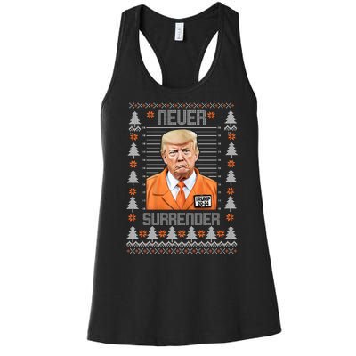 Trump Mugshot Never Surrender Ugly Christmas Women's Racerback Tank