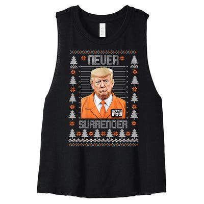 Trump Mugshot Never Surrender Ugly Christmas Women's Racerback Cropped Tank