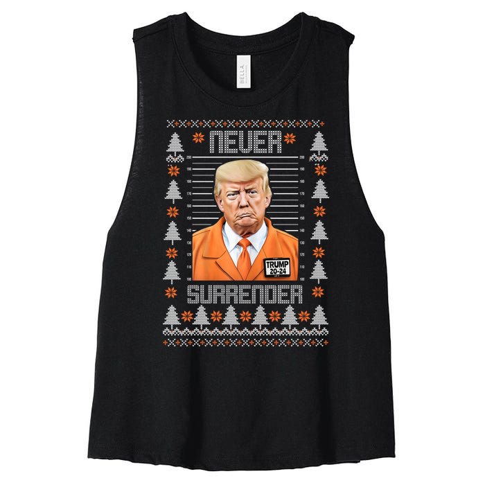 Trump Mugshot Never Surrender Ugly Christmas Women's Racerback Cropped Tank