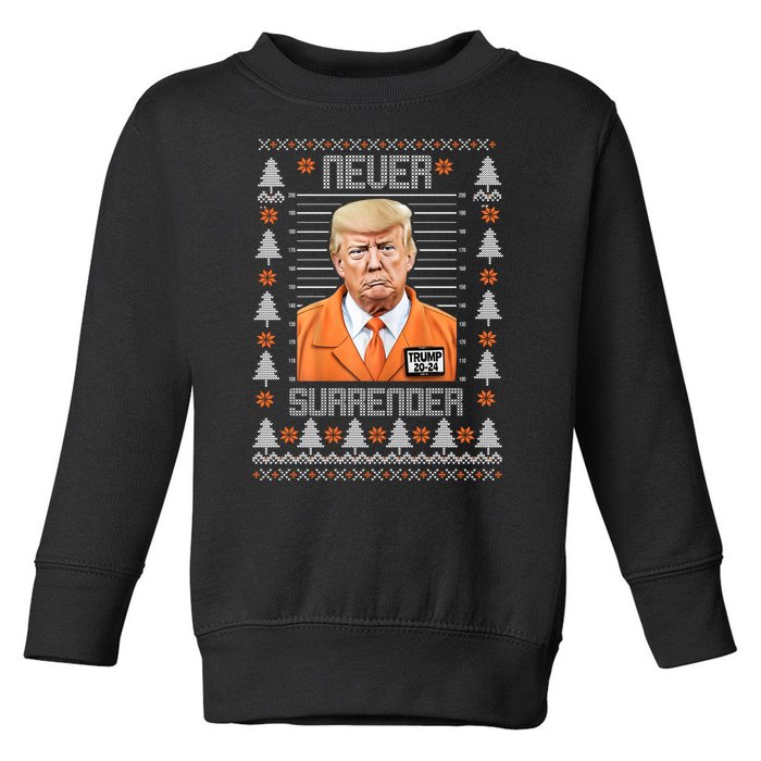 Trump Mugshot Never Surrender Ugly Christmas Toddler Sweatshirt