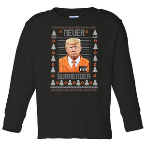 Trump Mugshot Never Surrender Ugly Christmas Toddler Long Sleeve Shirt