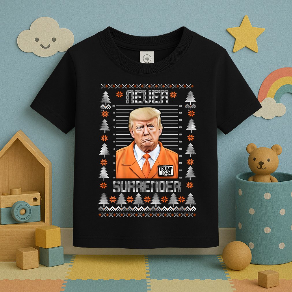 Trump Mugshot Never Surrender Ugly Christmas Toddler T-Shirt